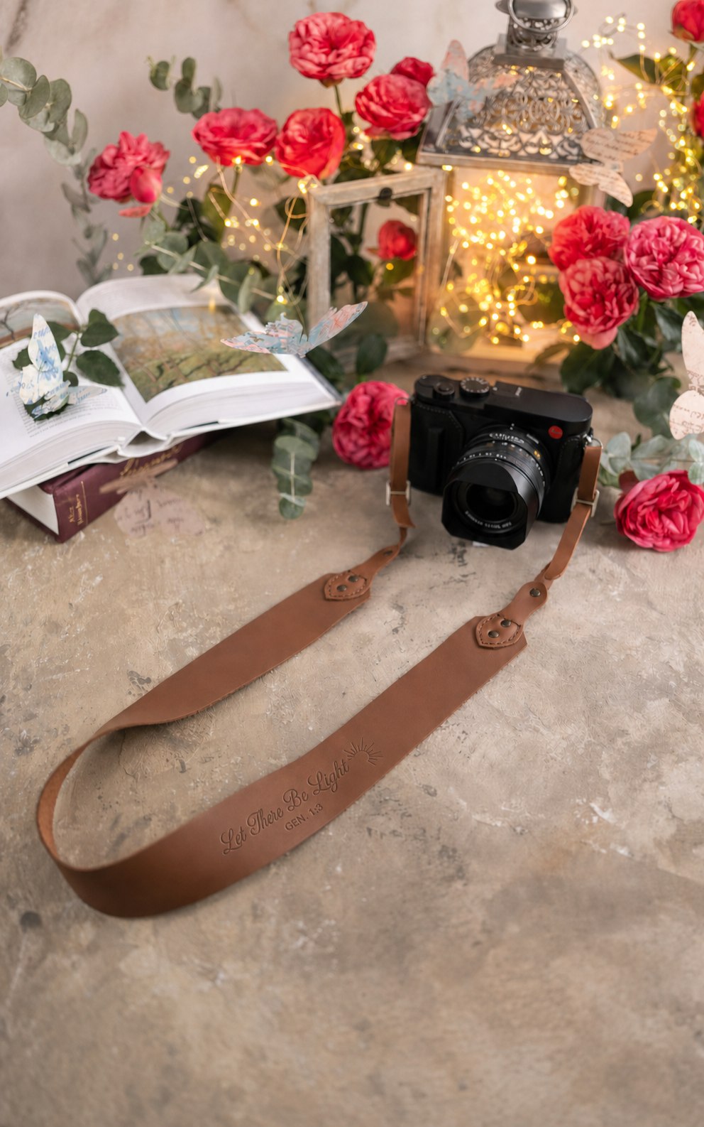 Let There Be Light Genesis 1:3 Caramel full-grain leather camera strap, Christian scripture gift