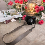 Let There Be Light Genesis 1:3 Country Gray full-grain leather camera strap, Christian scripture gift