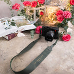 Let There Be Light Genesis 1:3 Forest Green full-grain leather camera strap, Christian scripture gift