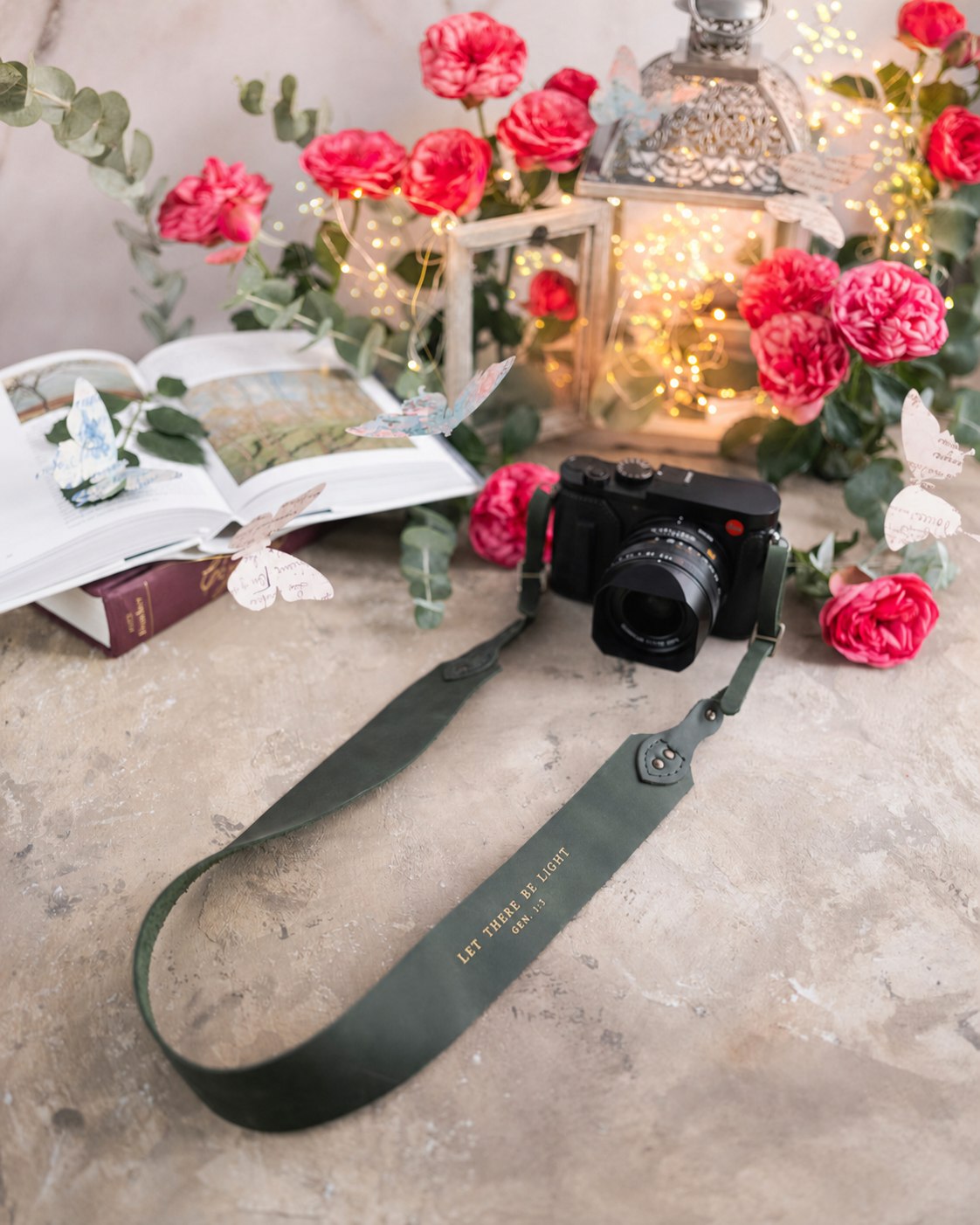 Let There Be Light Genesis 1:3 Forest Green full-grain leather camera strap, Christian scripture gift
