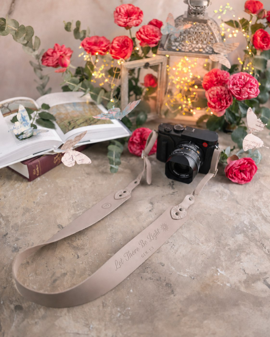Let There Be Light Genesis 1:3 Gray Sand full-grain leather camera strap, Christian scripture gift