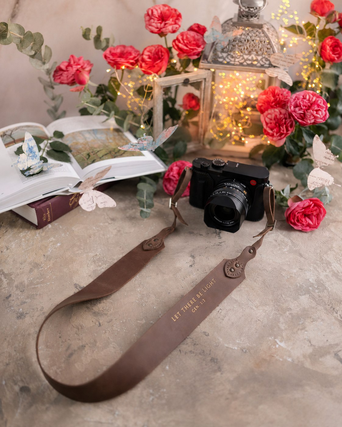 Let There Be Light Genesis 1:3 Sicilian Brown full-grain leather camera strap, Christian scripture gift