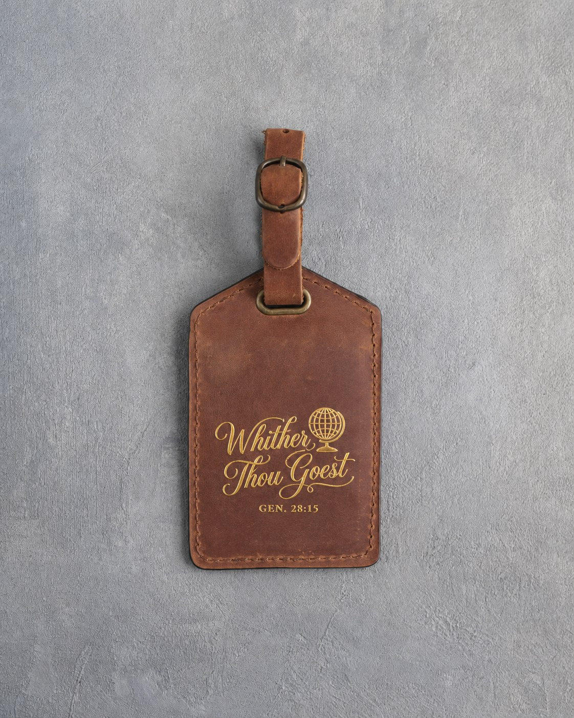 Whither Thou Goest Gen. 28:15 Arizona full-grain leather luggage tag, Christian scripture gift