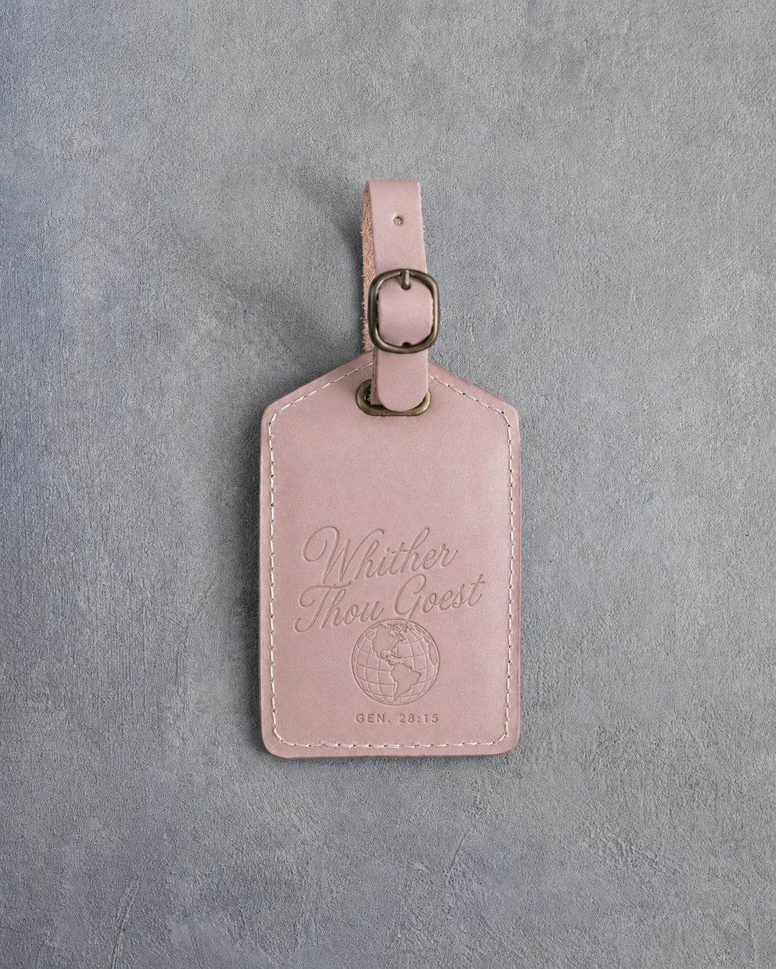 Whither Thou Goest Gen. 28:15 Blush full-grain leather luggage tag, Christian scripture gift
