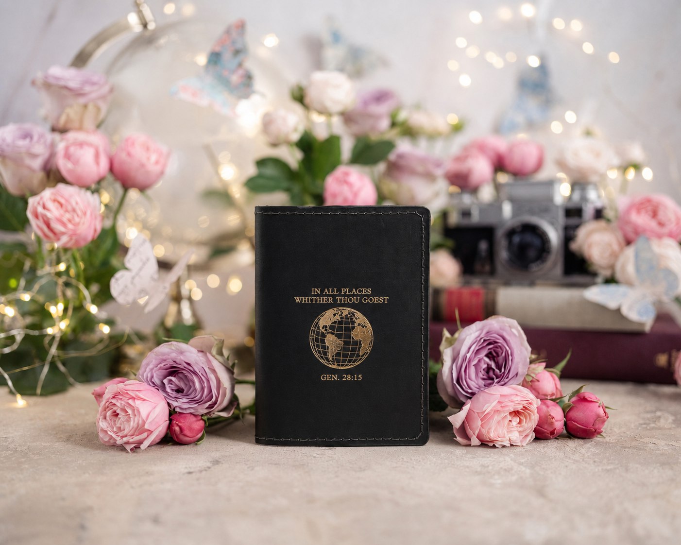 Whither Thou Goest Gen. 28:15 full-grain leather passport cover, Christian scripture gift