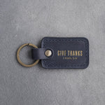 Give Thanks 1 Thess. 5:18 Blueberry handcrafted leather keychain, Christian scripture gift