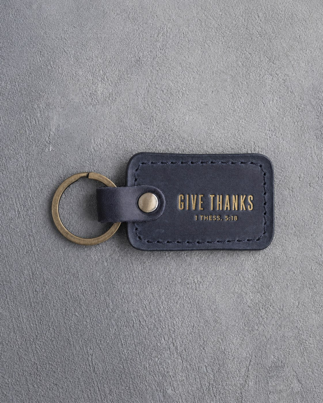 Give Thanks 1 Thess. 5:18 Blueberry handcrafted leather keychain, Christian scripture gift