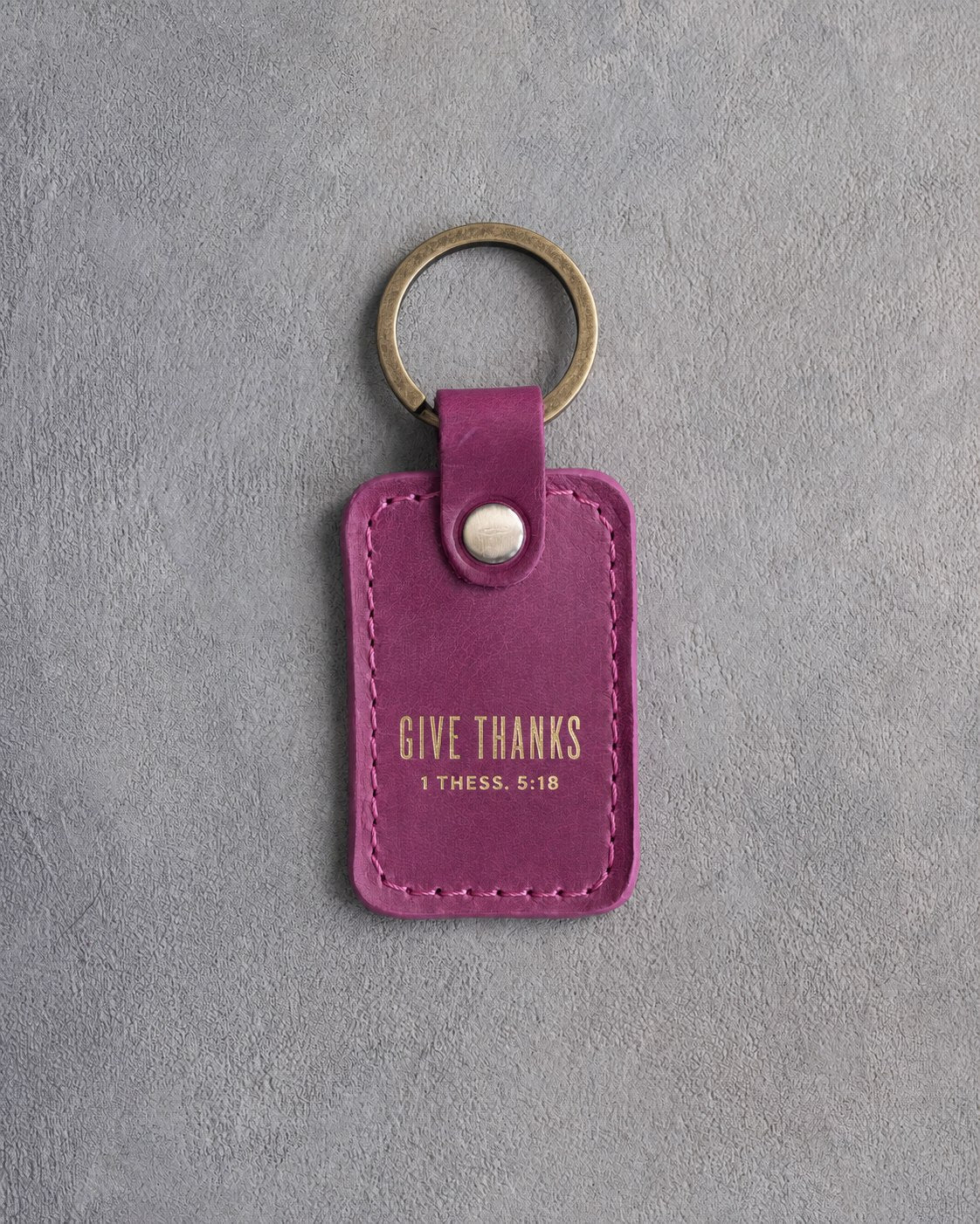 Give Thanks 1 Thess. 5:18 Fuchsia handcrafted leather keychain, Christian scripture gift