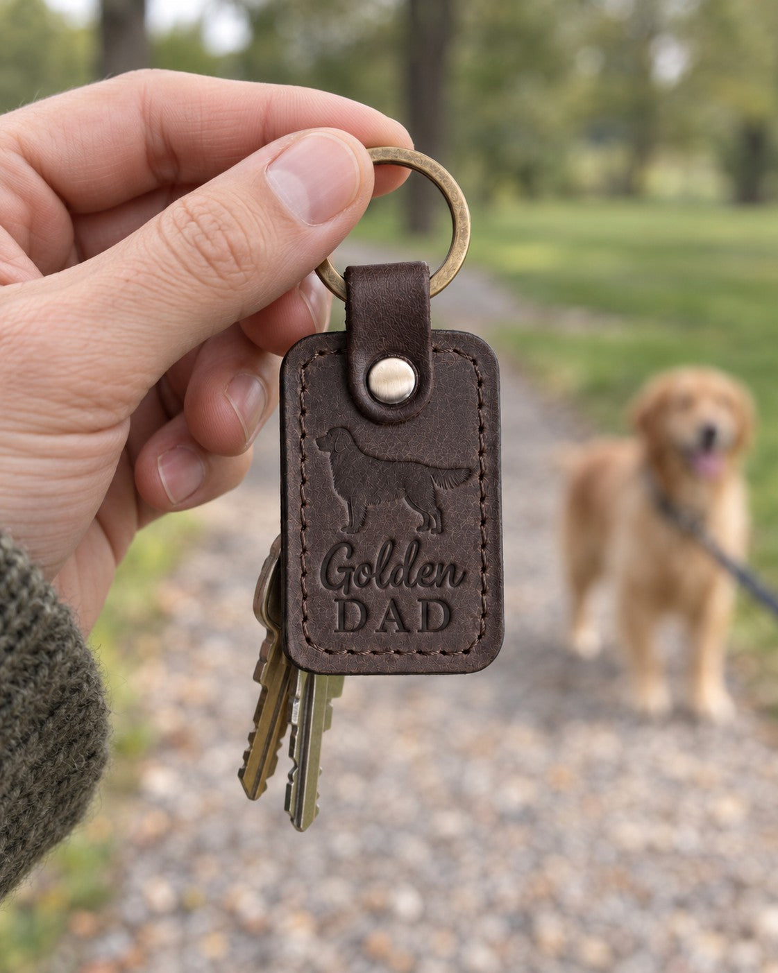Golden Dad keychain in dark brown leather held up on a park path with a golden retriever on a leash behind