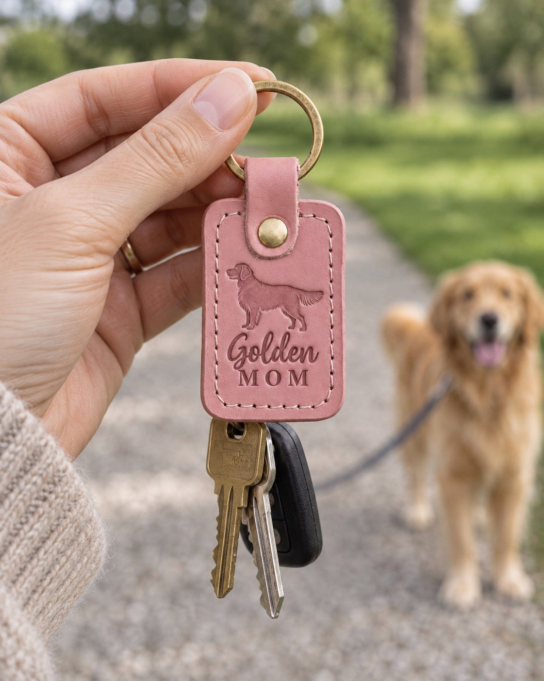 Hand holding a pink Golden Mom leather keychain in a park while a golden retriever waits on a leash