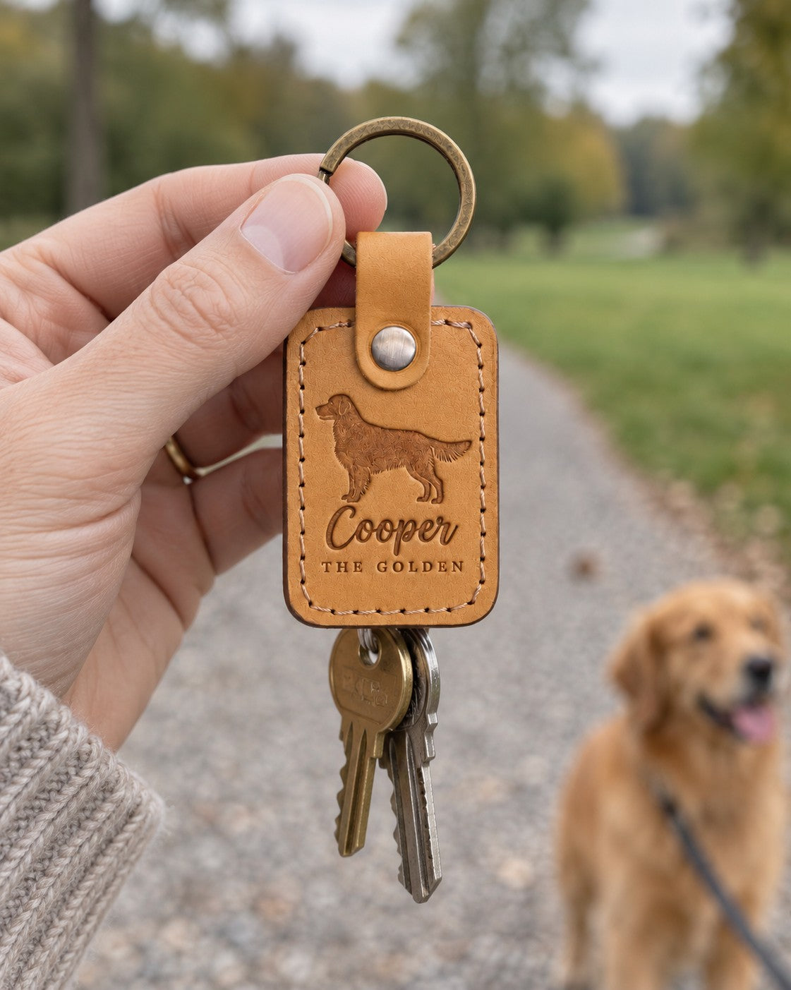 Hand holding the Cooper the Golden keychain on a park path, a golden retriever on a leash blurred behind