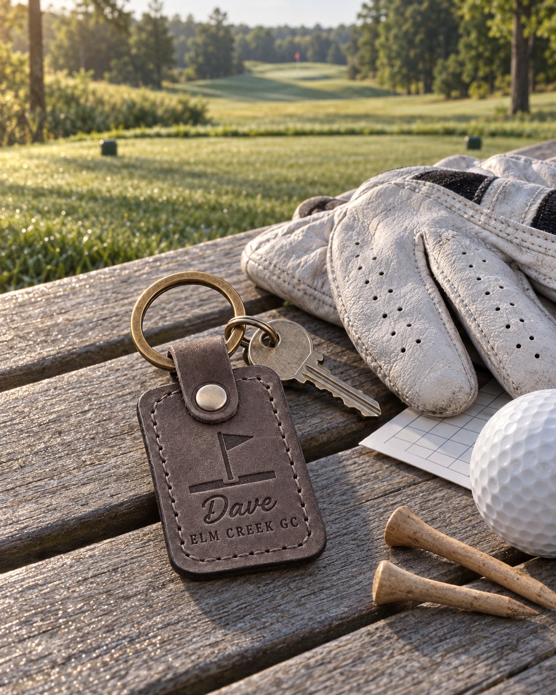 Dave Elm Creek GC keychain in gray leather on a key ring beside a scorecard and a pencil on a clubhouse table