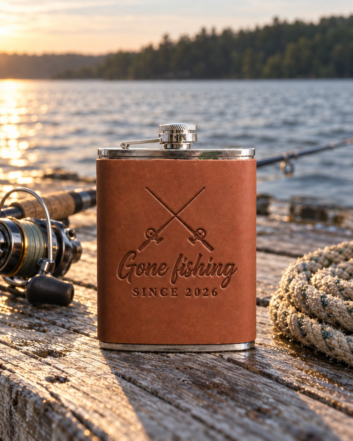 Arizona Gone fishing SINCE 2026 hip flask in full-grain leather on sun-bleached dock boards beside a spinning rod in low evening sun