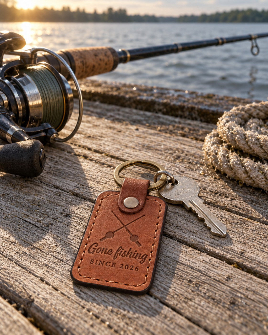 Arizona Gone fishing SINCE 2026 keychain in full-grain leather on sun-bleached dock boards beside a spinning rod in low evening sun