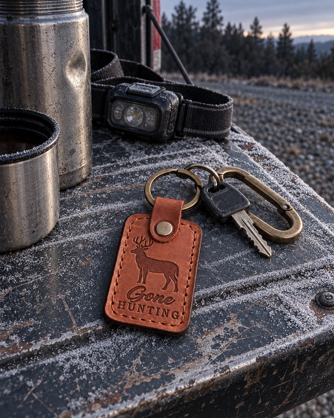 Gone Hunting keychain in tan leather on truck keys beside a handwritten note and a coffee mug on a kitchen table