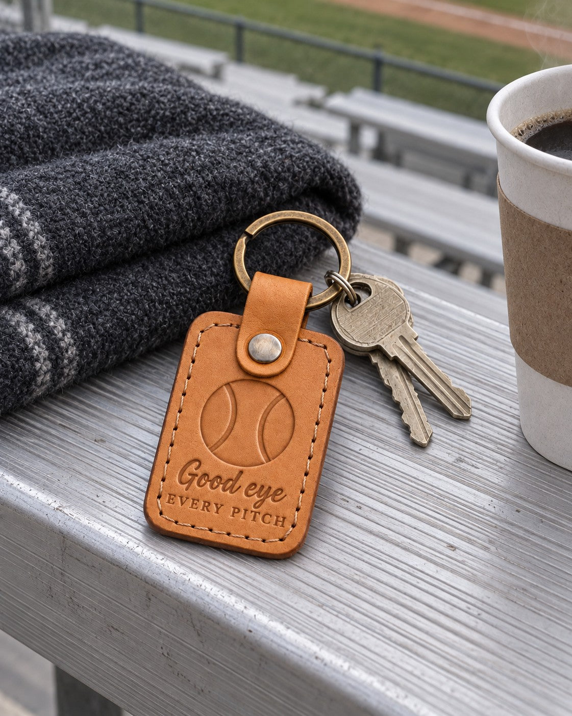 Good Eye keychain in warm brown leather on keys resting on aluminum bleachers in evening light
