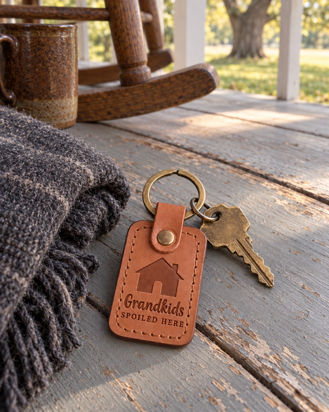 Caramel Grandkids SPOILED HERE keychain beside a jar of candy on a grandparents' kitchen counter