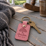 Rose pink Grandma EST 2019 keychain on a key ring beside a basket of yarn