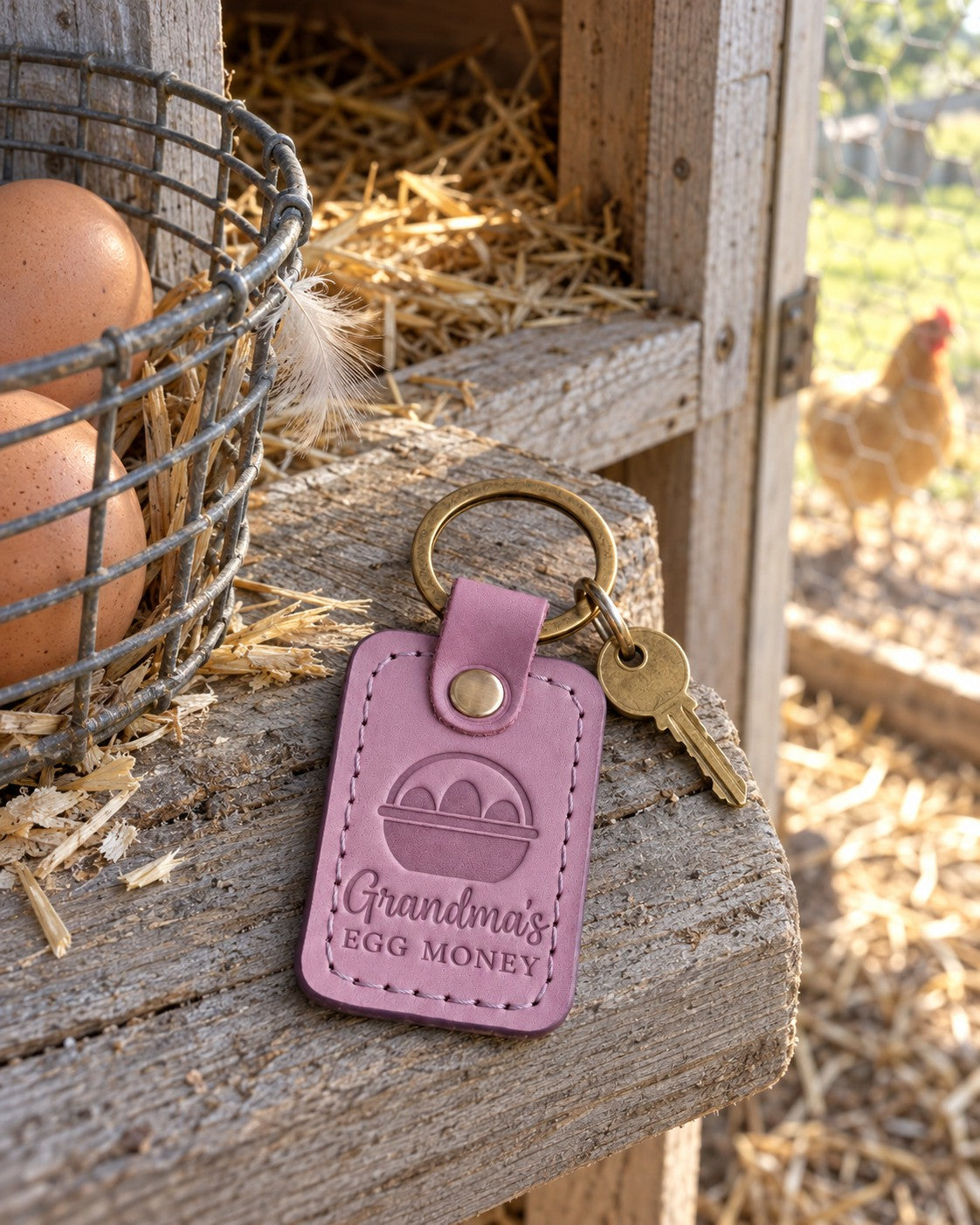 Lilac Grandma's Egg Money keychain on a weathered pine nesting box ledge beside brown eggs in a wire basket, a hen soft in the run behind