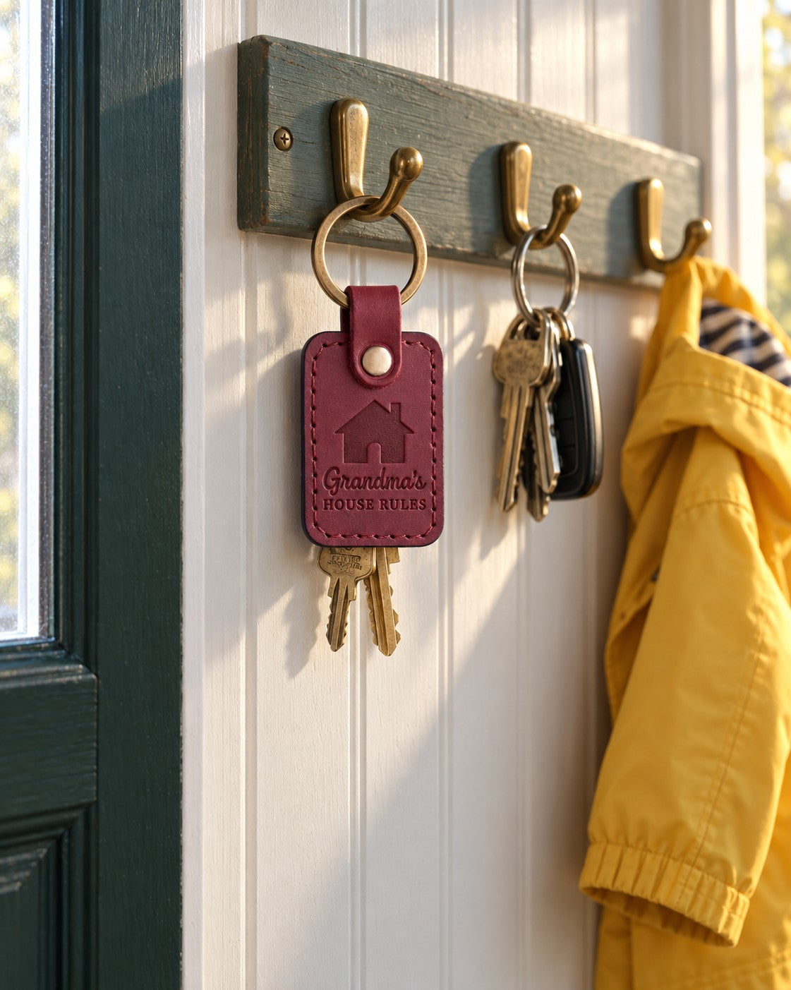 Wine red Grandma's HOUSE RULES keychain on a key ring next to a cookie jar