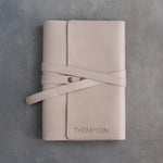 Gray Sand leather journal, Medium size, front with a debossed name