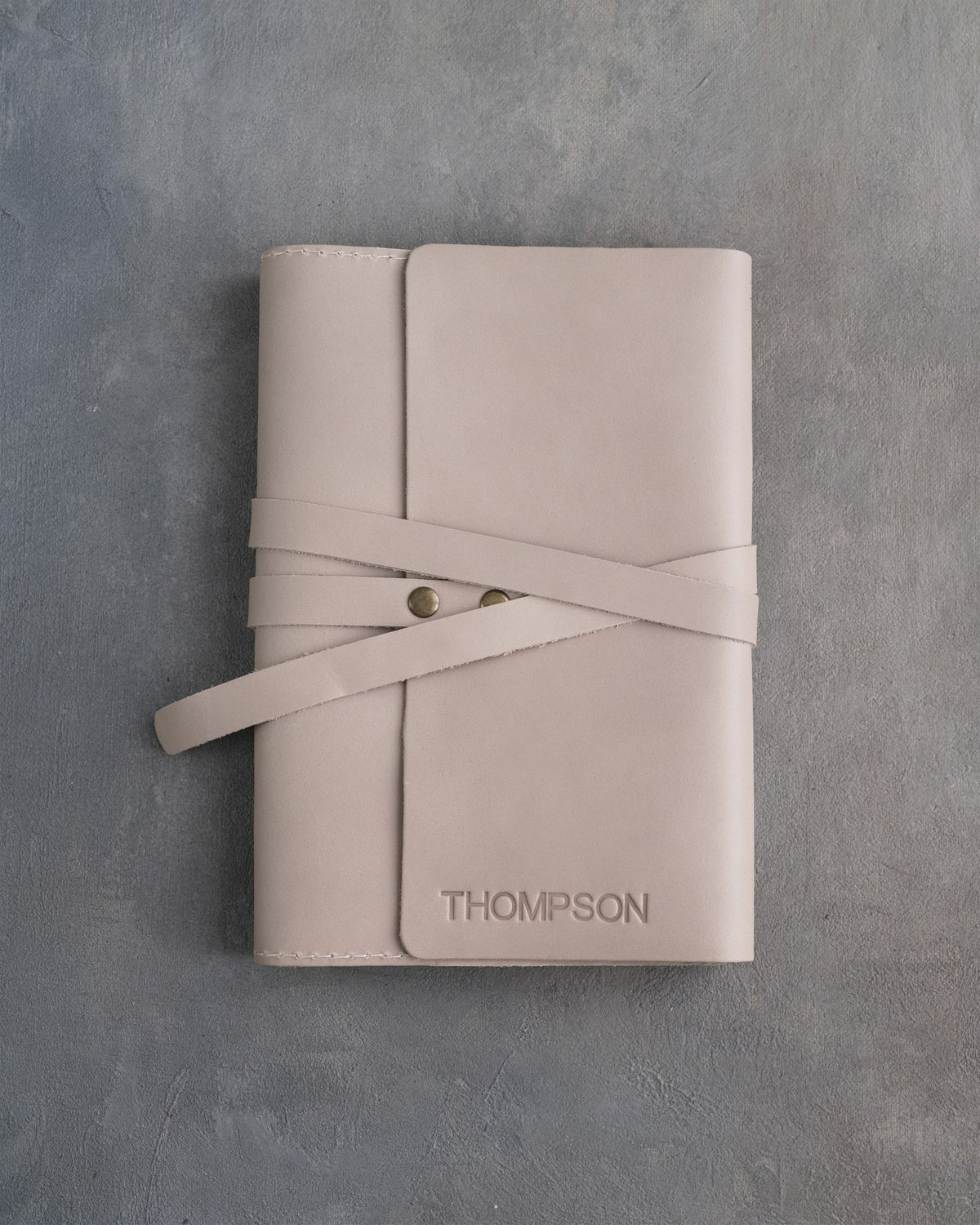 Gray Sand leather journal, Medium size, front with a debossed name