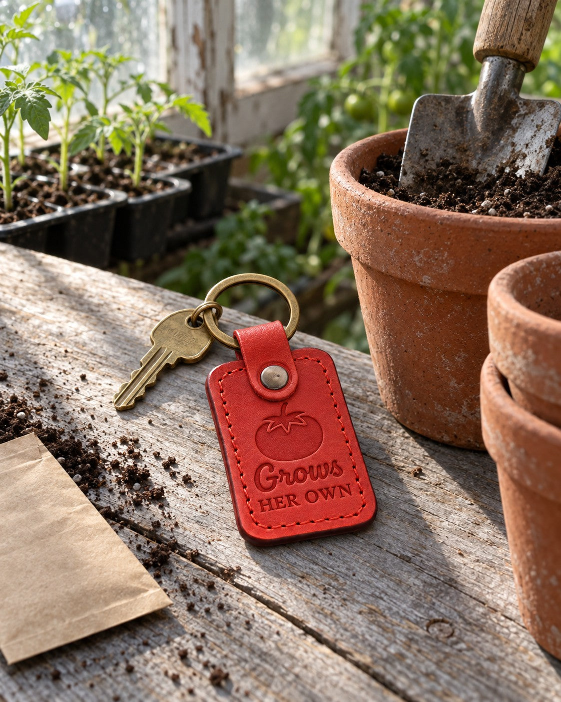 Red Grows Her Own keychain on a wooden table beside a bowl of freshly picked garden tomatoes