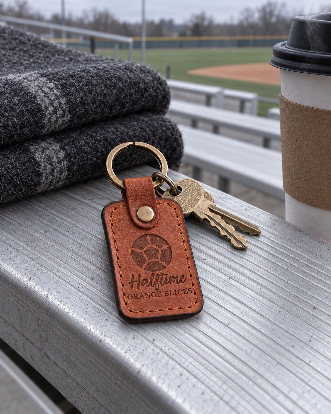 Orange tan Halftime Orange Slices keychain on keys next to a cooler and a bowl of orange slices on a sideline