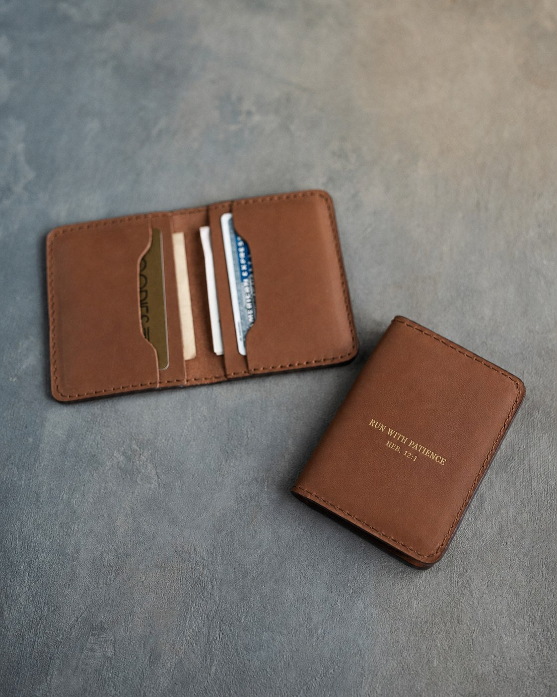 Run With Patience Heb. 12:1 full-grain leather wallet, Christian scripture gift