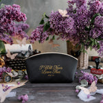 I Will Never Leave Thee Heb. 13:5 Black full-grain leather makeup bag, Christian scripture gift