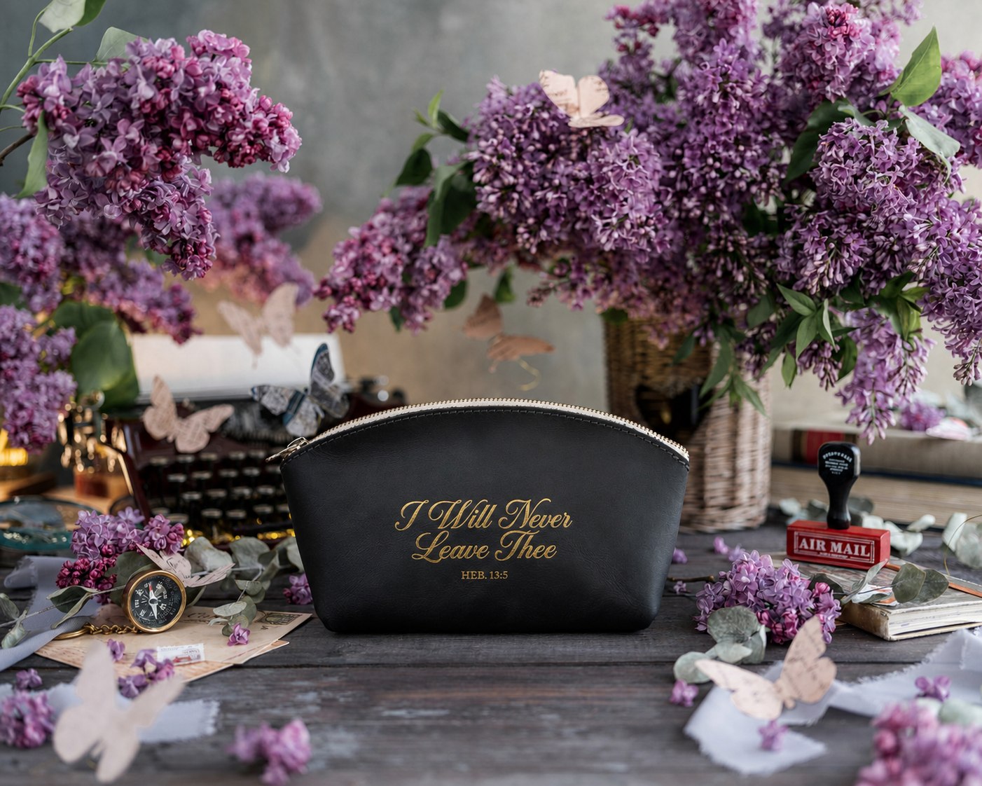 I Will Never Leave Thee Heb. 13:5 Black full-grain leather makeup bag, Christian scripture gift