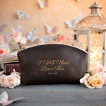 I Will Never Leave Thee Heb. 13:5 Dark Espresso full-grain leather makeup bag, Christian scripture gift