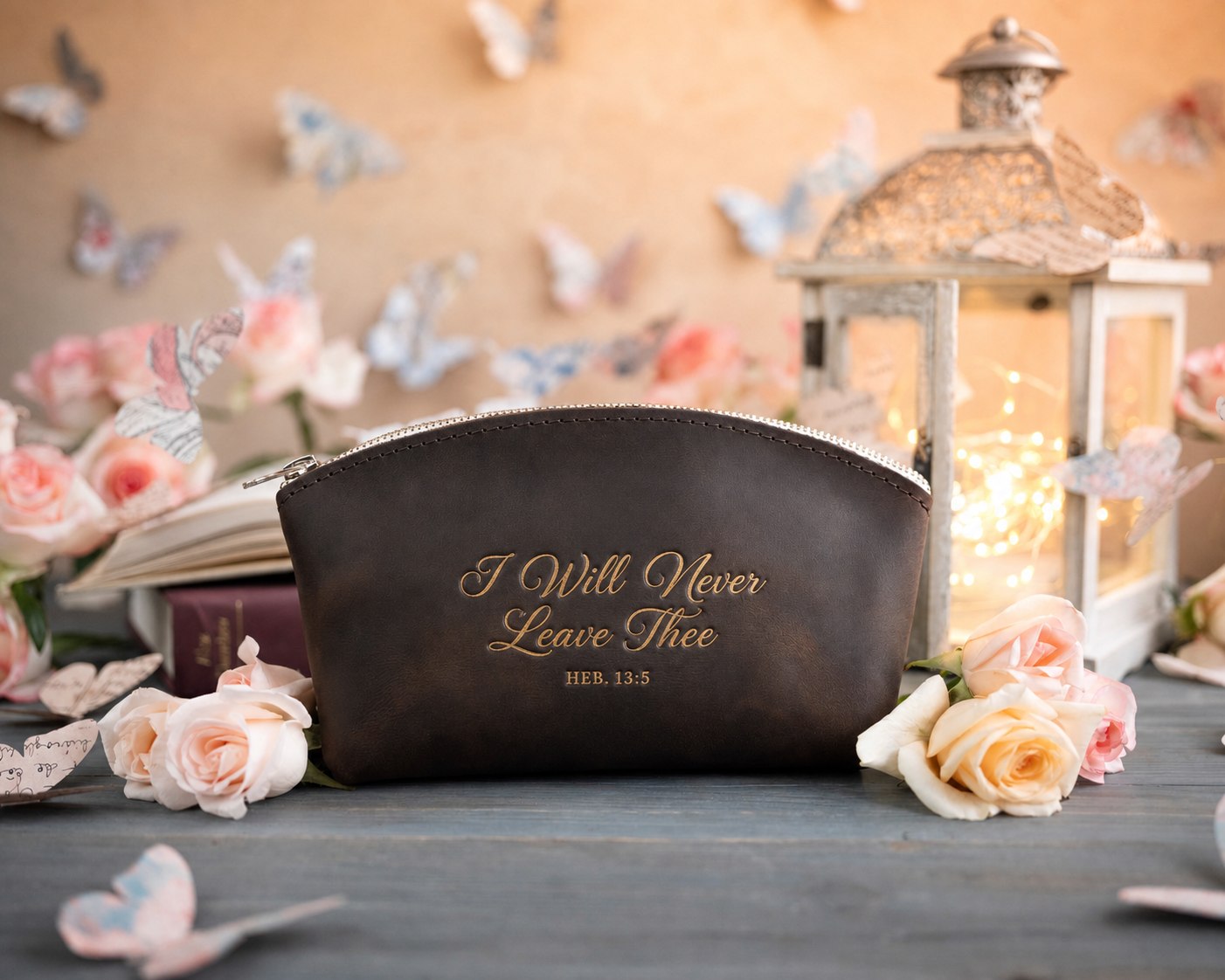 I Will Never Leave Thee Heb. 13:5 Dark Espresso full-grain leather makeup bag, Christian scripture gift