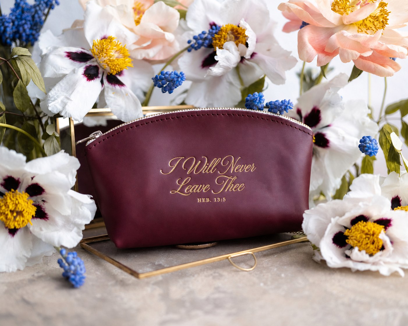I Will Never Leave Thee Heb. 13:5 full-grain leather makeup bag, Christian scripture gift