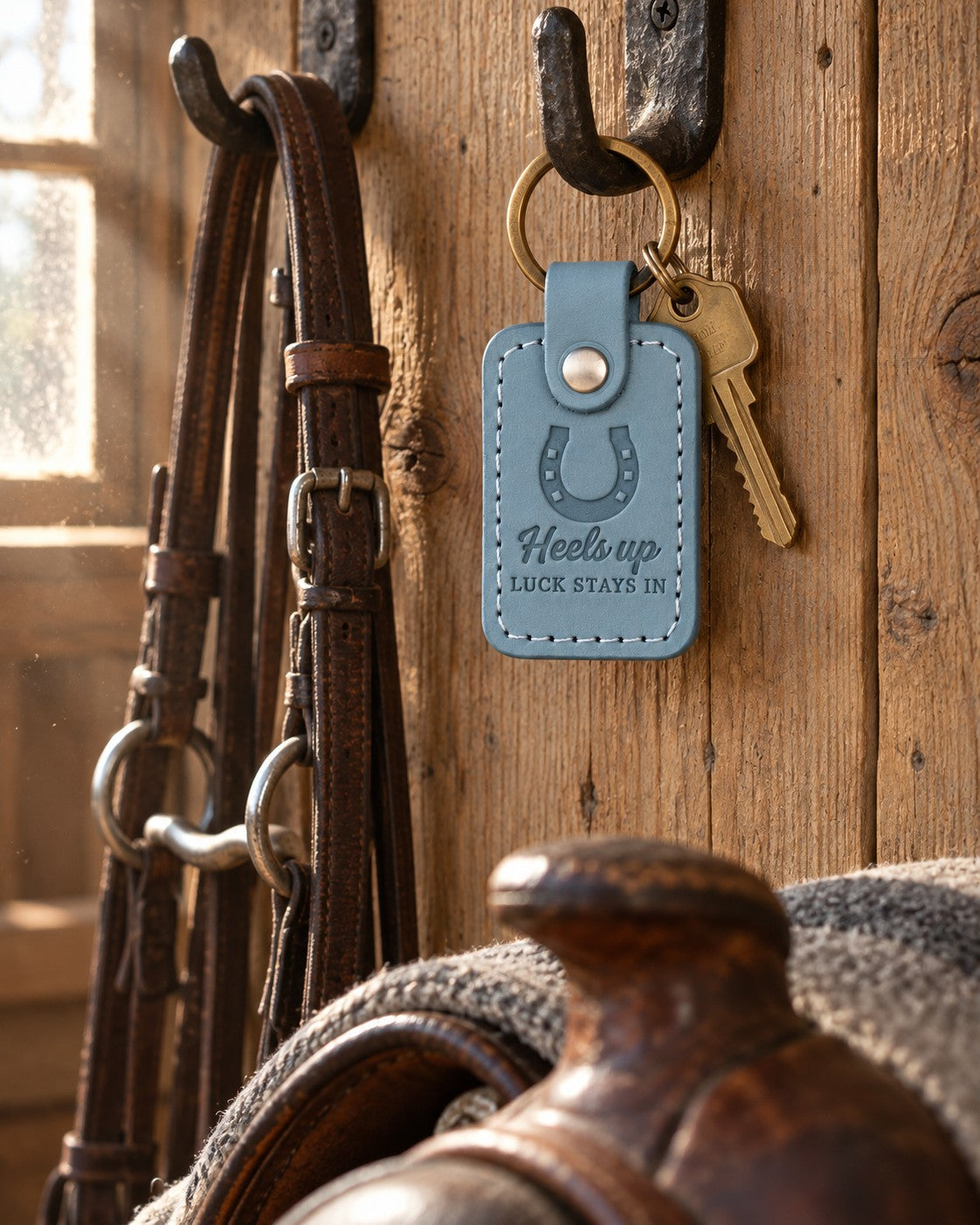 Turquoise horseshoe keychain hanging from a forged iron bridle hook on a pine tack room wall beside a worn headstall