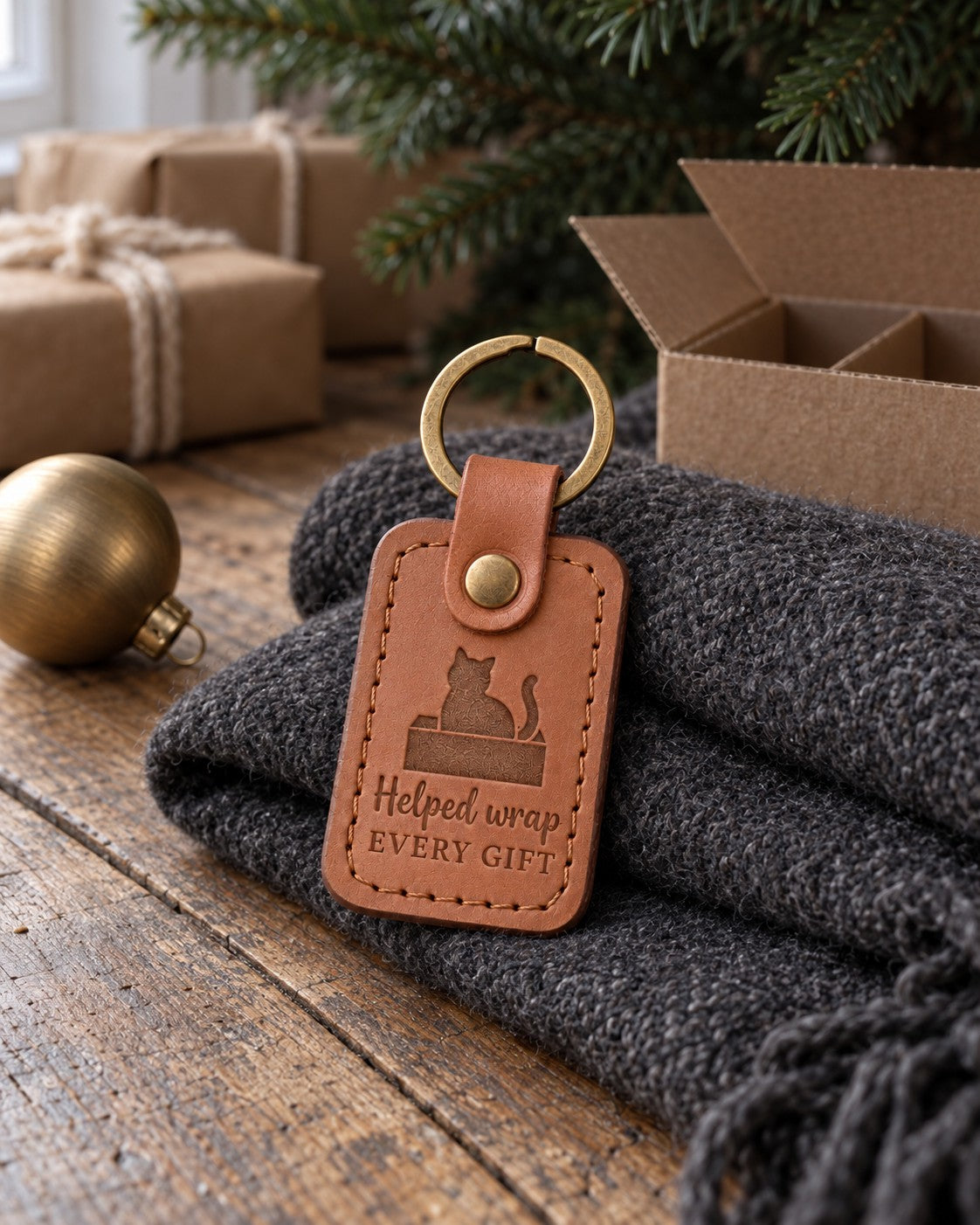 Caramel Helped Wrap Every Gift keychain on a table among rolls of kraft wrapping paper