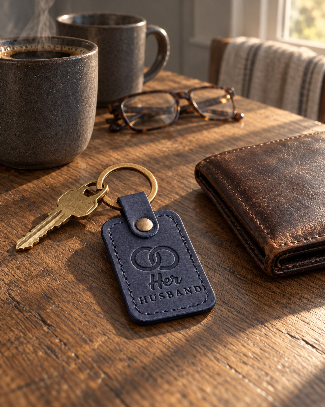 Her HUSBAND keychain in navy leather on an oak kitchen table beside a worn bifold wallet and a stoneware mug