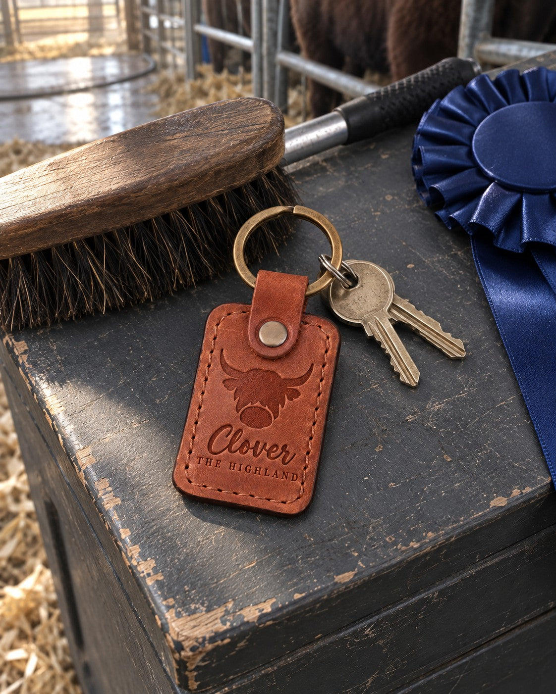 Tan Clover The Highland keychain on a painted show box lid in a livestock barn alley beside a show stick and a blue rosette