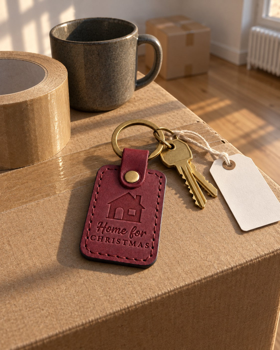 Wine red Home for Christmas keychain on a house key hanging from a stocking on a mantel with string lights