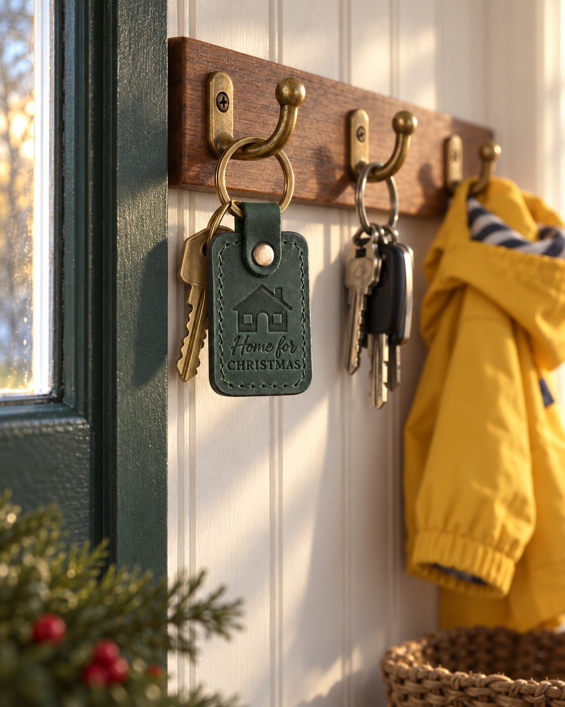 Green Home for CHRISTMAS keychain on house keys hanging beside a wreath on a front door