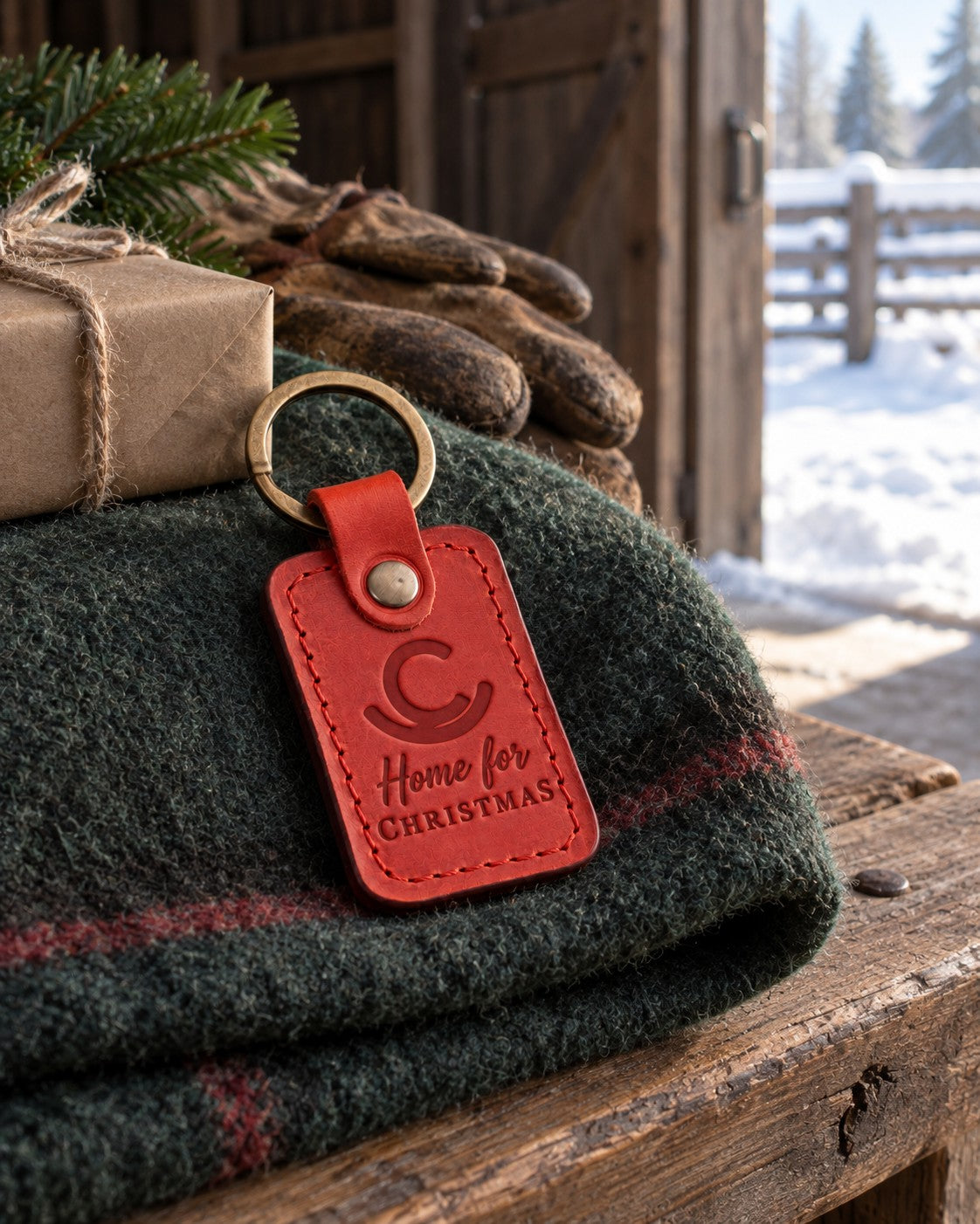 Poppy red Home for CHRISTMAS brand keychain on a folded green wool blanket inside a barn door, a kraft parcel and a fir bough behind it