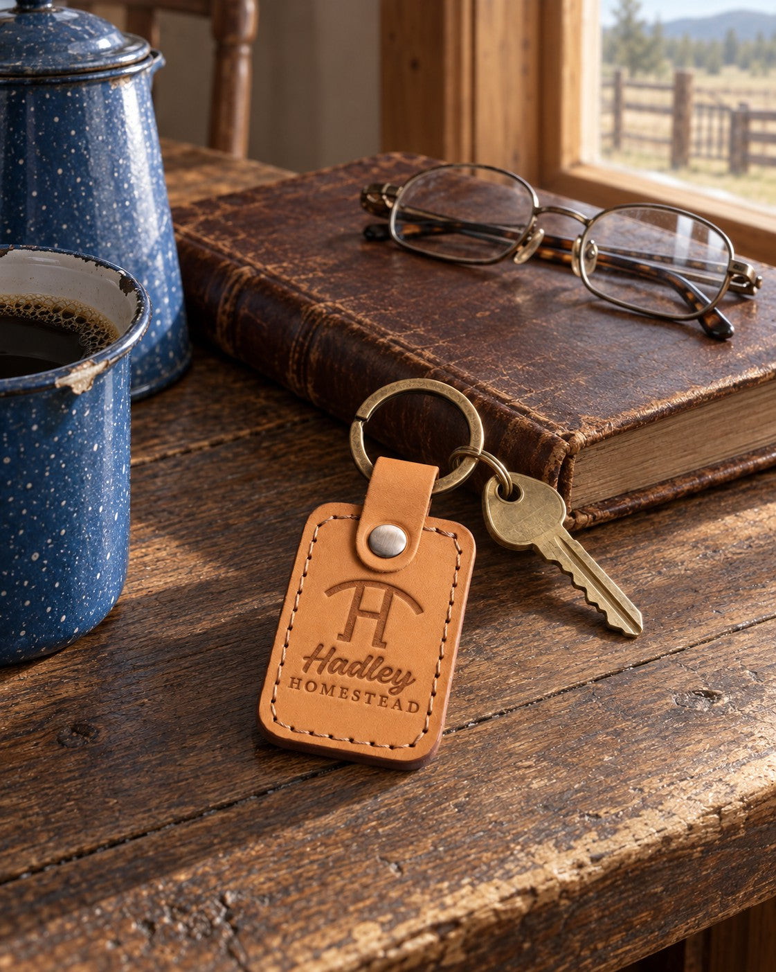 Hadley HOMESTEAD keychain in Indian Summer leather on a dark oak ranch kitchen table beside a closed leather ledger and reading glasses