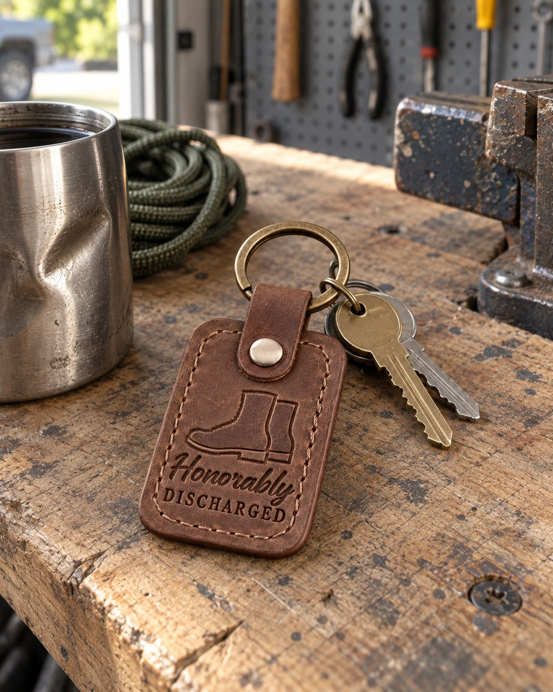 Brown Honorably Discharged keychain on a key ring resting on a pair of polished boots by a front door