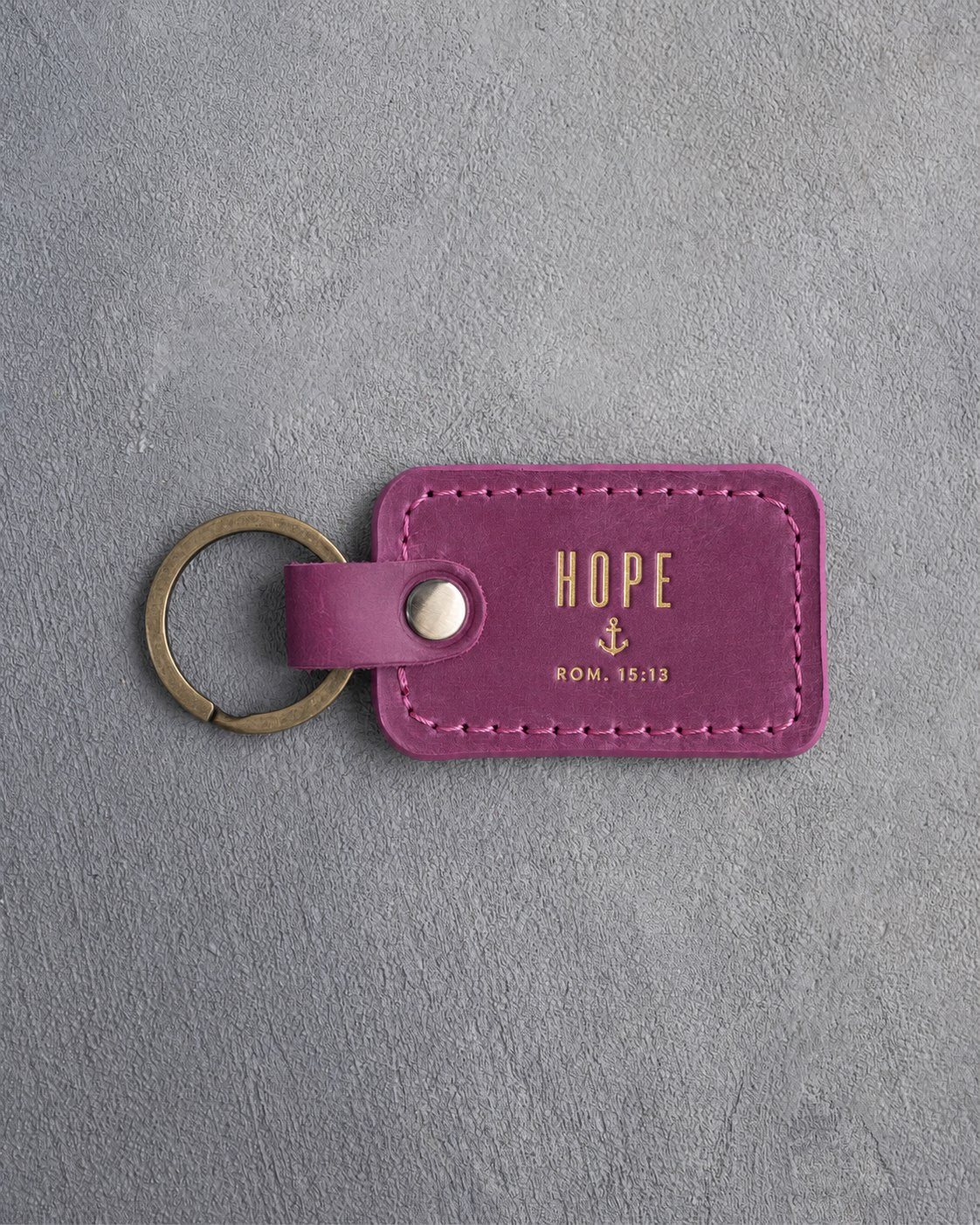 Hope Rom. 15:13 Fuchsia handcrafted leather keychain, Christian scripture gift