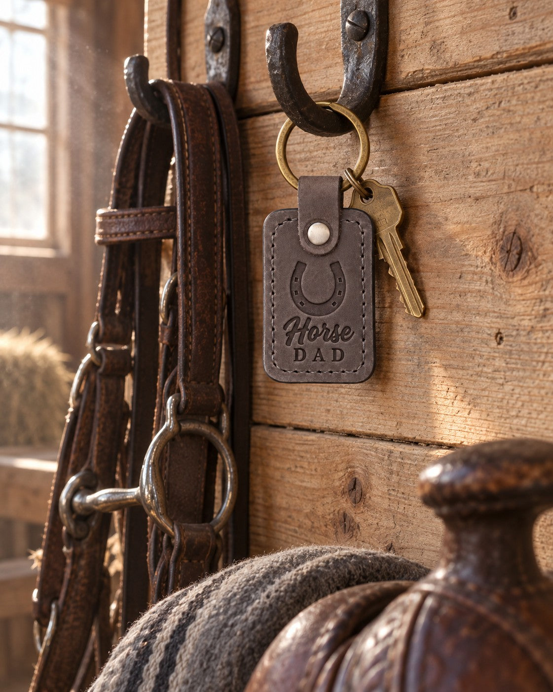 Country gray Horse DAD keychain hanging from a forged bridle hook on rough pine boards in a tack room, a saddle soft on its rack below