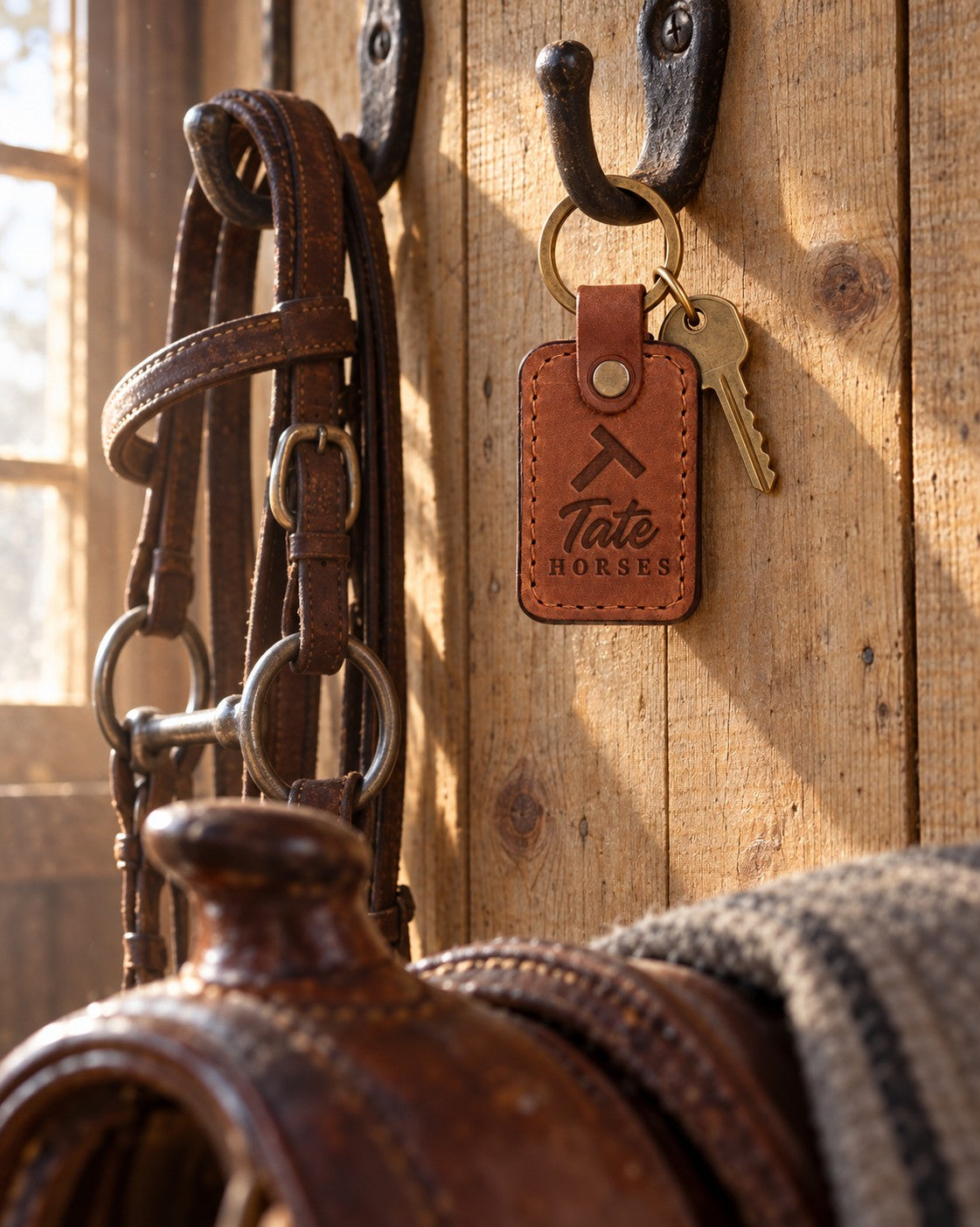 Tate HORSES keychain in Arizona leather hanging from a forged iron bridle hook on a pine tack room wall beside a worn headstall