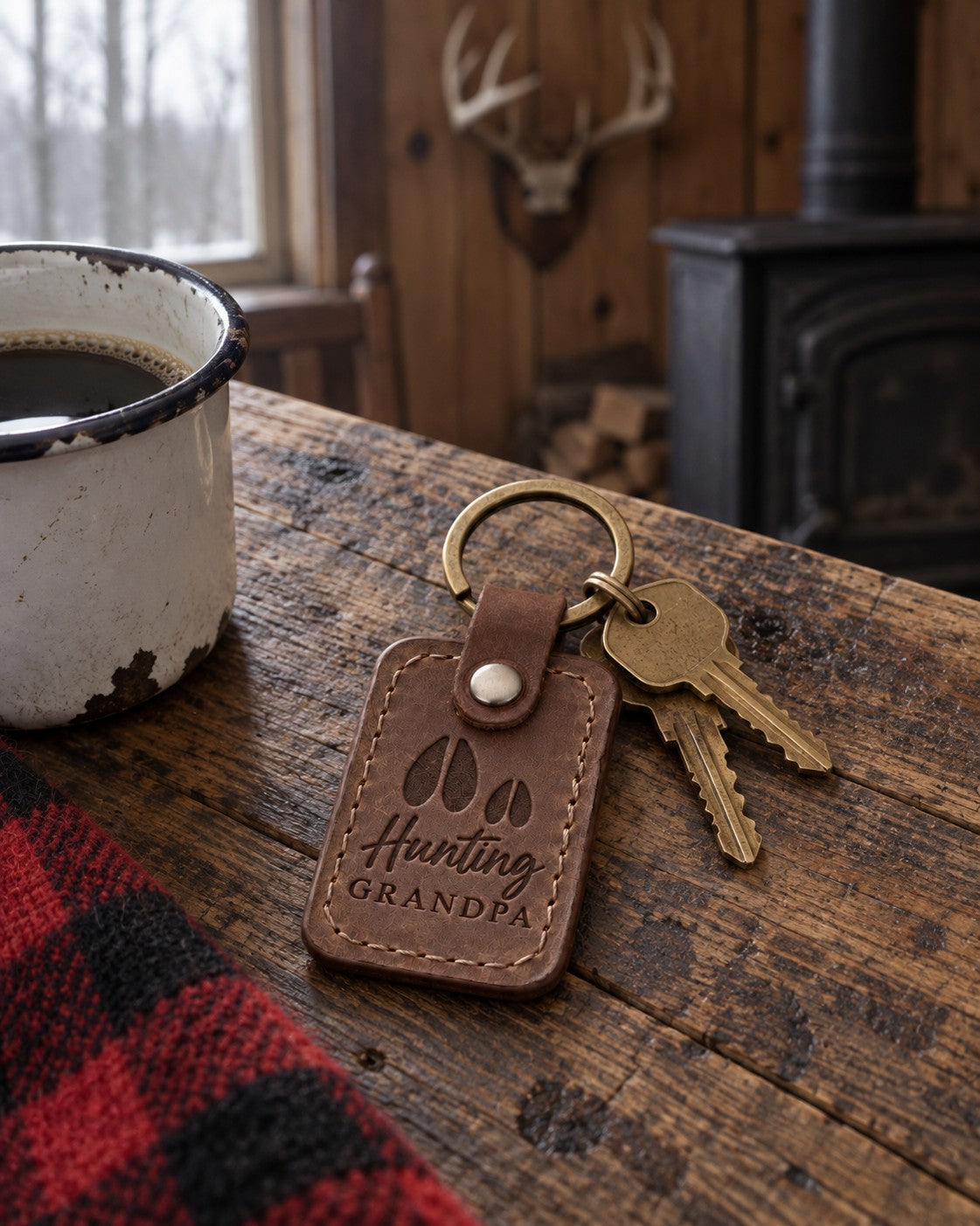 Hunting Grandpa keychain in brown leather on an older man's key ring beside a pair of binoculars on a flannel shirt