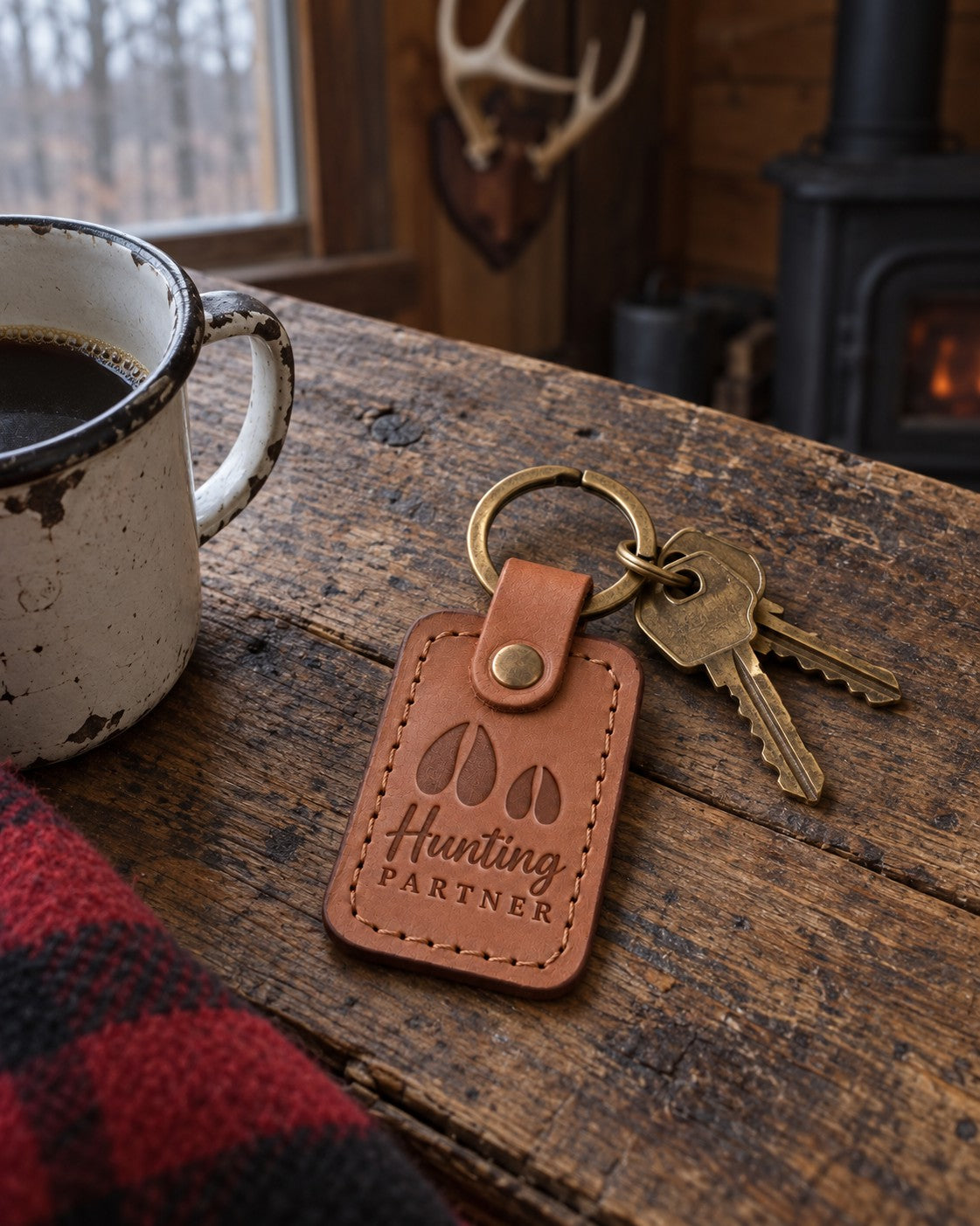 Two Hunting Partner keychains in caramel leather on two key rings lying together on a tailgate at dawn