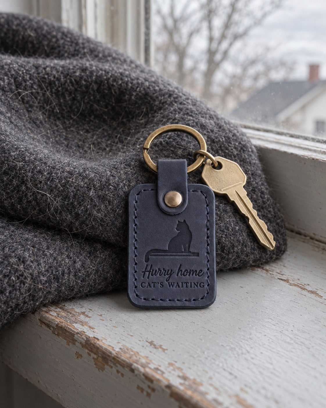 Navy Hurry Home keychain on car keys beside a front window at dusk