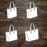 Size guide for the leather tote bag from small to extra large